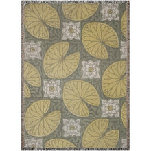 Load image into Gallery viewer, Melodia Gallery vintage woven cotton blanket with yellow water lily pads and white flowers on a grey background.