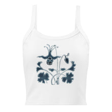 Load image into Gallery viewer, Melodia Gallery white 100% cotton micro-rib tank top with blue Art Nouveau columbine floral graphic.