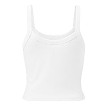 Load image into Gallery viewer, Melodia Gallery white 100% cotton micro rib crop tank top with vintage-inspired floral folk art design.
