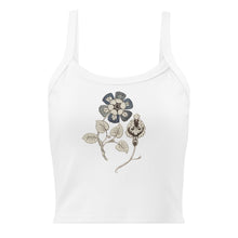 Load image into Gallery viewer, Melodia Gallery white 100% cotton micro-rib crop tank top with vintage floral graphic design.
