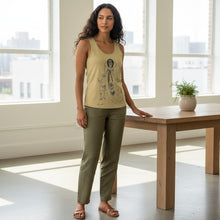 Load image into Gallery viewer, Melodia Gallery Women's tan cotton-elastane blend tank top with Art Nouveau illustration of a regal figure and a deer.