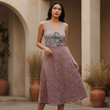 Load image into Gallery viewer, Melodia Gallery Women's Cotton Tank Top with Art Nouveau Peacock Skirt print in taupe. Form-fitting silhouette.
