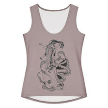Load image into Gallery viewer, Melodia Gallery Women's Cotton Tank Top with Art Nouveau Peacock Skirt print in taupe. Form-fitting, 95% cotton, 5% elastane.