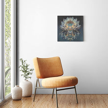 Load image into Gallery viewer, Melodia Gallery "You Are The Mirror" canvas print of a lotus flower with reflection. Blue, teal, and yellow tones.