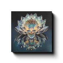 Load image into Gallery viewer, Melodia Gallery You Are The Mirror oil painting reproduction on canvas, featuring a luminous lotus flower reflected in water.