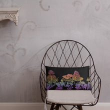 Load image into Gallery viewer, Mushrooms Drawing Pillow in Rainbow Ombre, Original Art by Melodia, Printed on Pillow, Mushroom, Plant, Botanical, Boho, Psychedelic, Decor