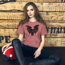 Load image into Gallery viewer, Kitty-Cat Bat Short-Sleeve Unisex T-Shirt, Original Drawing by Melodia, Halloween, Black Cat, Lace Wings, Art Tee, Shirt