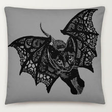 Load image into Gallery viewer, Kitty-Cat Bat Pillow, Original Drawing by Melodia, Halloween Decor, Cute, Artsy, Black Cat, Decoration, Lace Wings, Kitten Pillow