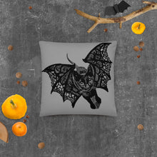 Load image into Gallery viewer, Kitty-Cat Bat Pillow, Original Drawing by Melodia, Halloween Decor, Cute, Artsy, Black Cat, Decoration, Lace Wings, Kitten Pillow