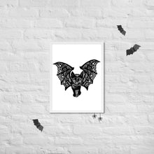 Load image into Gallery viewer, Kitty-Cat Bat Framed Poster, Art Print, Halloween Decor, Inktober, Black Cat, Bat, Lace, Boho, Eclectic, Wall Art