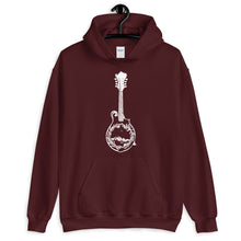 Load image into Gallery viewer, Wanderlust Mandolin Hoodie, Unisex Hoodie, Music Lover, Nature Lover, Art by Melodia, Travel, Camping, Blouegrass, Colorado, Mountains, Gift