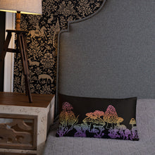 Load image into Gallery viewer, Mushrooms Drawing Pillow in Rainbow Ombre, Original Art by Melodia, Printed on Pillow, Mushroom, Plant, Botanical, Boho, Psychedelic, Decor