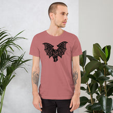 Load image into Gallery viewer, Kitty-Cat Bat Short-Sleeve Unisex T-Shirt, Original Drawing by Melodia, Halloween, Black Cat, Lace Wings, Art Tee, Shirt