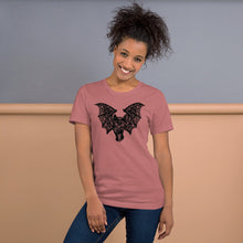 Load image into Gallery viewer, Kitty-Cat Bat Short-Sleeve Unisex T-Shirt, Original Drawing by Melodia, Halloween, Black Cat, Lace Wings, Art Tee, Shirt