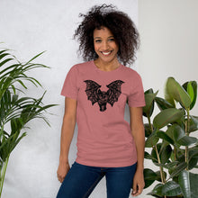 Load image into Gallery viewer, Kitty-Cat Bat Short-Sleeve Unisex T-Shirt, Original Drawing by Melodia, Halloween, Black Cat, Lace Wings, Art Tee, Shirt