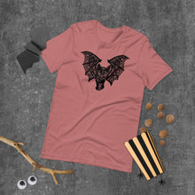Load image into Gallery viewer, Kitty-Cat Bat Short-Sleeve Unisex T-Shirt, Original Drawing by Melodia, Halloween, Black Cat, Lace Wings, Art Tee, Shirt