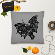 Load image into Gallery viewer, Kitty-Cat Bat Pillow, Original Drawing by Melodia, Halloween Decor, Cute, Artsy, Black Cat, Decoration, Lace Wings, Kitten Pillow