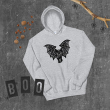 Load image into Gallery viewer, Kitty-Cat Bat Unisex Hoodie, Halloween Inspired, Inktober, Original Drawing by Melodia, Cute Kitten, Kitty, Black Cat, Bat