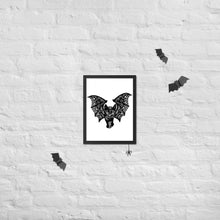 Load image into Gallery viewer, Kitty-Cat Bat Framed Poster, Art Print, Halloween Decor, Inktober, Black Cat, Bat, Lace, Boho, Eclectic, Wall Art