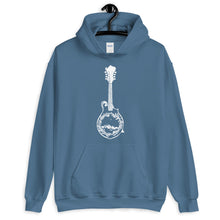 Load image into Gallery viewer, Wanderlust Mandolin Hoodie, Unisex Hoodie, Music Lover, Nature Lover, Art by Melodia, Travel, Camping, Blouegrass, Colorado, Mountains, Gift