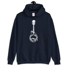 Load image into Gallery viewer, Wanderlust Mandolin Hoodie, Unisex Hoodie, Music Lover, Nature Lover, Art by Melodia, Travel, Camping, Blouegrass, Colorado, Mountains, Gift