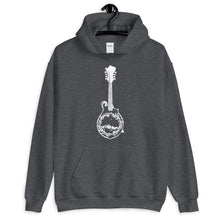 Load image into Gallery viewer, Wanderlust Mandolin Hoodie, Unisex Hoodie, Music Lover, Nature Lover, Art by Melodia, Travel, Camping, Blouegrass, Colorado, Mountains, Gift