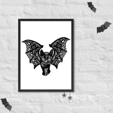 Load image into Gallery viewer, Kitty-Cat Bat Framed Poster, Art Print, Halloween Decor, Inktober, Black Cat, Bat, Lace, Boho, Eclectic, Wall Art