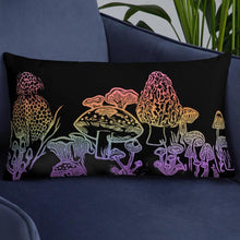 Load image into Gallery viewer, Mushrooms Drawing Pillow in Rainbow Ombre, Original Art by Melodia, Printed on Pillow, Mushroom, Plant, Botanical, Boho, Psychedelic, Decor