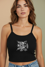 Load image into Gallery viewer, Vintage Bird + Blossom Cotton Crop Top, Vintage 1920s Inspired Ukrainian Woodcut Design, Graphic Cotton Crop Top, White on Dark
