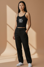 Load image into Gallery viewer, Vintage Bird + Blossom Cotton Crop Top, Vintage 1920s Inspired Ukrainian Woodcut Design, Graphic Cotton Crop Top, White on Dark
