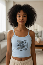 Load image into Gallery viewer, Vintage Bird + Blossom Cotton Crop Top, Vintage 1920s Inspired Ukrainian Woodcut Design, Graphic Cotton Crop Top in Black + White
