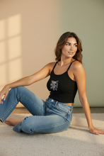 Load image into Gallery viewer, Vintage Bird + Blossom Cotton Crop Top, Vintage 1920s Inspired Ukrainian Woodcut Design, Graphic Cotton Crop Top, White on Dark
