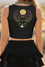 Load image into Gallery viewer, Winged Scarab Poly Crop Top, Egyptian Sun Emblem, Boho Statement Top
