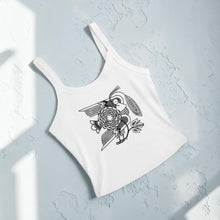 Load image into Gallery viewer, Vintage Bird + Blossom Cotton Crop Top, Vintage 1920s Inspired Ukrainian Woodcut Design, Graphic Cotton Crop Top in Black + White
