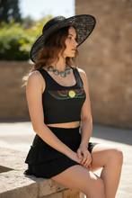 Load image into Gallery viewer, Winged Scarab Poly Crop Top, Egyptian Sun Emblem, Boho Statement Top
