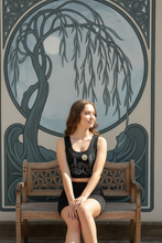 Load image into Gallery viewer, Moon + Willow Poly Crop Top, Art Nouveau Celestial, Boho Festival Top
