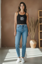 Load image into Gallery viewer, Vintage Bird + Blossom Cotton Crop Top, Vintage 1920s Inspired Ukrainian Woodcut Design, Graphic Cotton Crop Top, White on Dark
