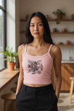 Load image into Gallery viewer, Vintage Bird + Blossom Cotton Crop Top, Vintage 1920s Inspired Ukrainian Woodcut Design, Graphic Cotton Crop Top in Black + White
