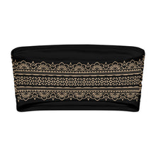 Load image into Gallery viewer, Melodia Gallery black bandeau bikini top with beige lace flower pattern, UPF 50+ sun protection, made from recycled polyester.
