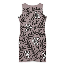 Load image into Gallery viewer, Melodia Gallery sleeveless bodycon dress in taupe with black and white Art Nouveau floral vine print. Made from cotton-elastane blend.
