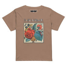 Load image into Gallery viewer, Melodia Gallery taupe 100% cotton t-shirt with a vintage Art Nouveau floral and butterfly print. Crew neck, longline fit.
