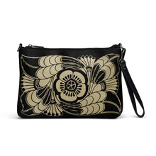 Load image into Gallery viewer, Melodia Gallery Art Nouveau Floral Crossbody Bag in black faux leather with gold floral design. Features zip closure and wrist strap.
