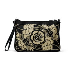Load image into Gallery viewer, Melodia Gallery Art Nouveau floral crossbody bag in black faux leather with tan floral print and dark gray hardware.
