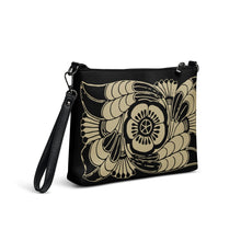 Load image into Gallery viewer, Melodia Gallery Art Nouveau floral crossbody bag in black faux leather with gold floral print. Features dark gray hardware and wrist strap.

