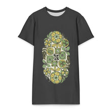 Load image into Gallery viewer, Melodia Gallery dark grey cotton t-shirt dress with a vintage Art Nouveau floral print in green and yellow.
