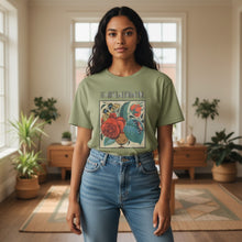 Load image into Gallery viewer, Melodia Gallery olive green 100% cotton t-shirt with a vintage Art Nouveau floral and butterfly print.
