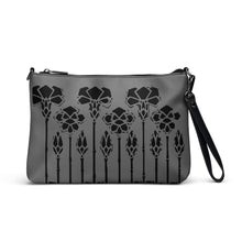 Load image into Gallery viewer, Melodia Gallery grey faux leather crossbody bag with black Art Nouveau iris floral design. Includes wrist strap.
