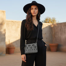 Load image into Gallery viewer, Melodia Gallery crossbody bag in cool grey faux leather with a black Art Nouveau iris stencil design. Adjustable strap.
