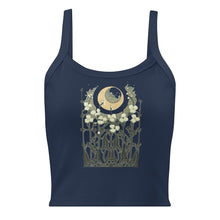Load image into Gallery viewer, Melodia Gallery navy blue 100% cotton micro-rib tank top with vintage Art Nouveau moon and floral design.
