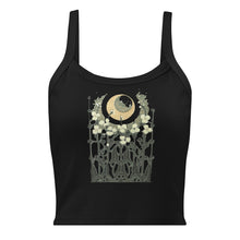Load image into Gallery viewer, Melodia Gallery black 100% cotton micro-rib tank top with vintage Art Nouveau moon and floral graphic.
